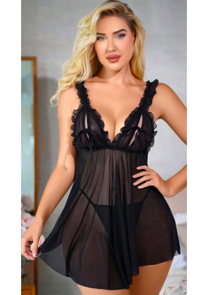 Özel Lüks Işlemeli Tül Kadın Faantezi Siyah Gecelik fiyatları