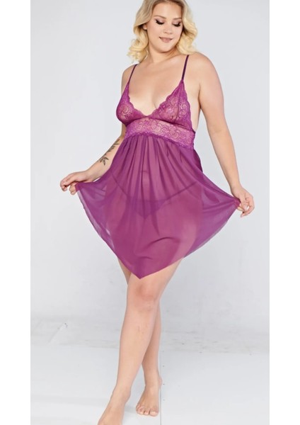 Ince Askılı Mor Özel Dantel Işlemeli Tül Transparan Büyük Beden Kadın Gecelik 2xl fiyatları
