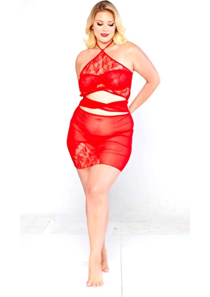 Kırmızı Boyun Askılı Şık Dantel Büyük Beden Kadın Gecelik 2xl