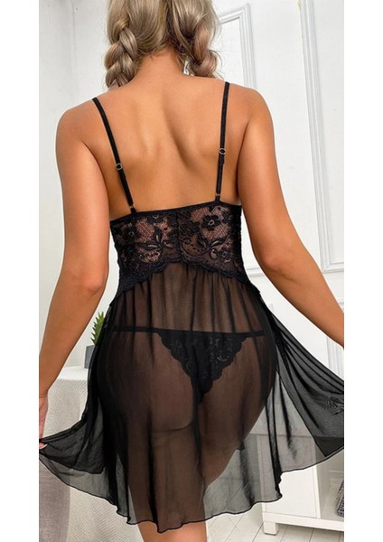Tül Siyah Transparan Dantel Işlemeli Kadın Siyah Faantezi Gecelik modelleri
