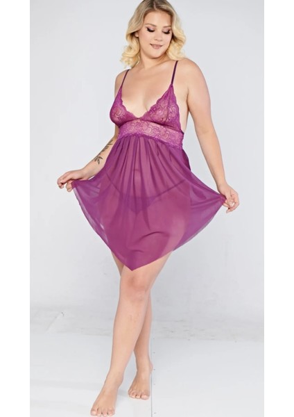 Mürdüm Transparan Tül Dantel Işlemeli Büyük Beden Kadın Gecelik 3xl fiyatları