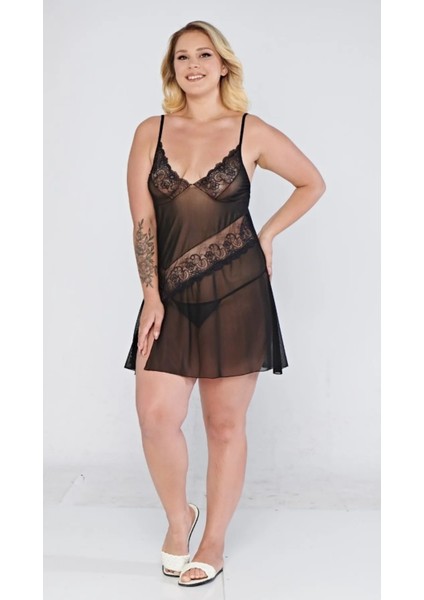 Dantelli Ince Askılı Büyük Beden Transparan Kadın Rahat Gecelik Siyah fiyatları