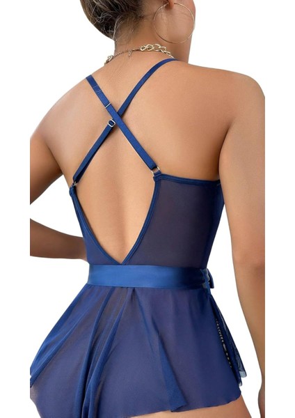 Şık Tasarım Dantel Işlemeli Bel Kemerli Saks Mavisi Kadın Faantezi Gecelik modelleri