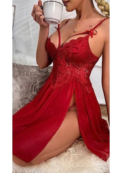 Kırmızı Özel Dantel Işlemeli Çift Yırtmaçlı Kenarı Açık Kadın Kırmızı Faantezi Gecelik fiyatları