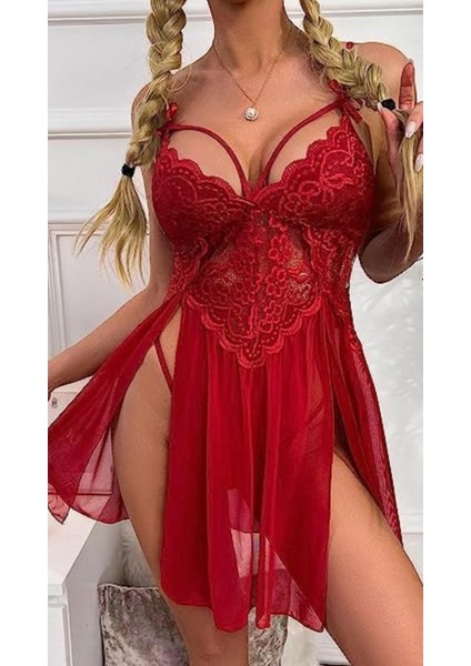 Kırmızı Özel Dantel Işlemeli Çift Yırtmaçlı Kenarı Açık Kadın Kırmızı Faantezi Gecelik modelleri