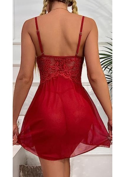 Kırmızı Özel Dantel Işlemeli Çift Yırtmaçlı Kenarı Açık Kadın Kırmızı Faantezi Gecelik fırsatları