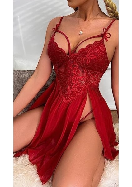 Kırmızı Özel Dantel Işlemeli Çift Yırtmaçlı Kenarı Açık Kadın Kırmızı Faantezi Gecelik indirimleri