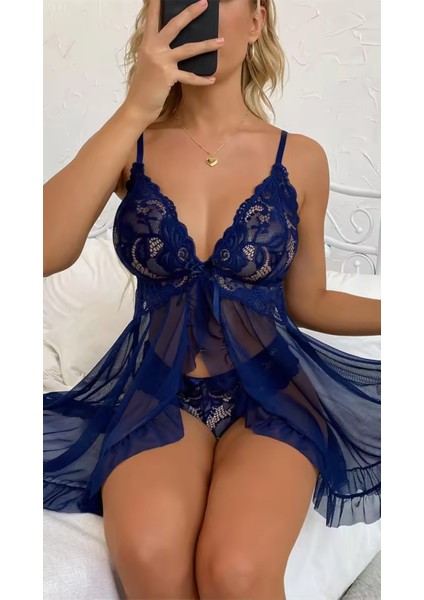 Dantel Işlemeli Ince Askılı Transparan Tül Seeksi Faantezi Kadın Gecelik Mavi fiyatları