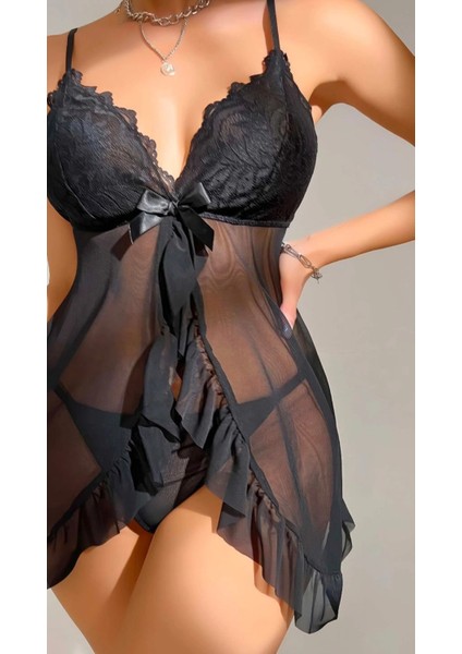 Siyah Tül Dantel Işlemeli Transparan Seeksi Kadın Faantezi Gecelik fiyatları