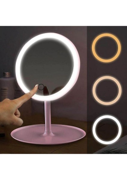 Dokunmatik LED Işıklı USB Girişli Yuvarlak Masa Üstü Makyaj Aynası Beyaz