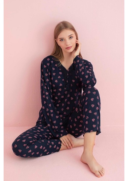 Kadın Dantel Yaka Bambu Uzun Kol Pijama Takımı 5209 - 1 Adet
