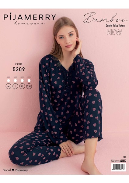 Kadın Dantel Yaka Bambu Uzun Kol Pijama Takımı 5209 - 1 Adet