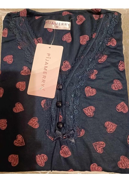 Kadın Dantel Yaka Bambu Uzun Kol Pijama Takımı 5209 - 1 Adet