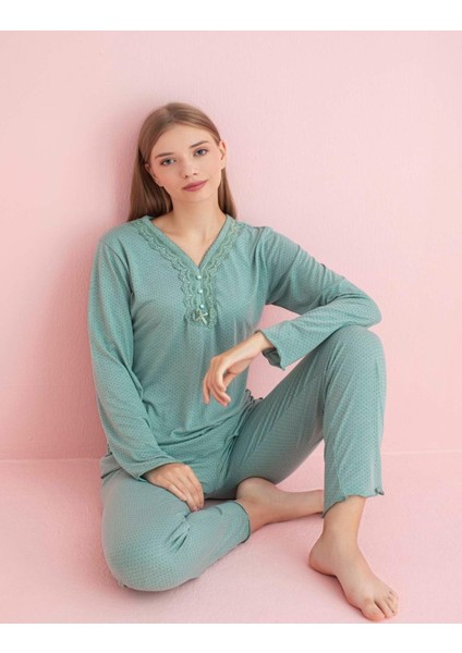 Kadın Dantel Yaka Bambu Uzun Kol Pijama Takımı 5208 - 1 Adet