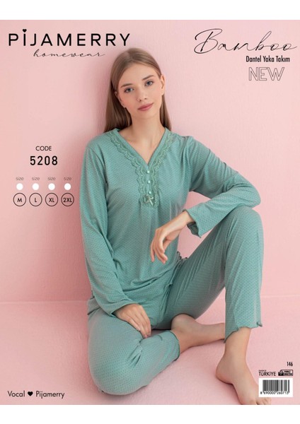 Kadın Dantel Yaka Bambu Uzun Kol Pijama Takımı 5208 - 1 Adet