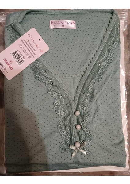 Kadın Dantel Yaka Bambu Uzun Kol Pijama Takımı 5208 - 1 Adet