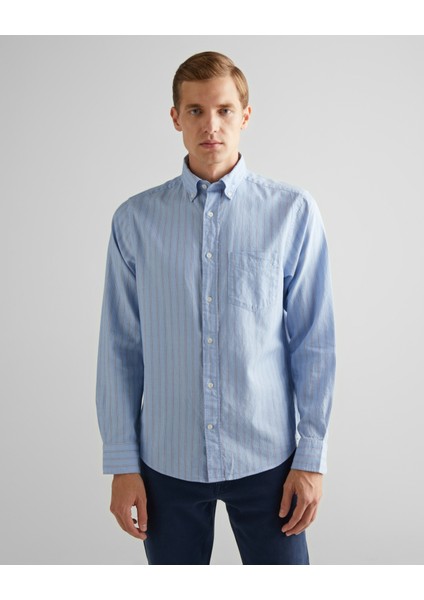 Erkek Mavi Regular Fit Düğmeli Yaka Çizgili Oxford Gömlek 3240169.427