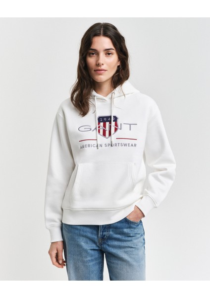 Kadın Krem Relaxed Fit Kapüşonlu Logolu Sweatshirt 4200276.113