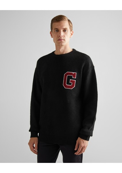 Erkek Siyah Relaxed Fit Bisiklet Yaka Logolu Kazak 8924353T.5