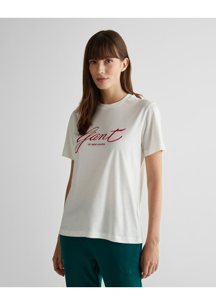 Kadın Krem Regular Fit Bisiklet Yaka Logolu T-Shirt 4201251.113