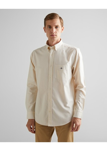 Erkek Kahverengi Regular Fit Düğmeli Yaka Çizgili Oxford Gömlek 3000230.257