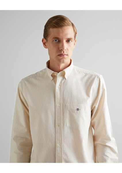 Erkek Kahverengi Regular Fit Düğmeli Yaka Çizgili Oxford Gömlek 3000230.257 fırsatları