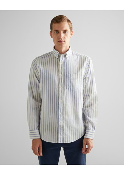 Erkek Mavi Regular Fit Düğmeli Yaka Çizgili Oxford Gömlek 3240169.427