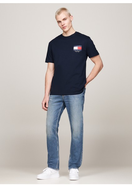 Tommy Jeans Bisiklet Yaka Baskılı Lacivert Erkek T-Shirt DM0DM19695C1G Reg Rwb Sıg Flag Tee