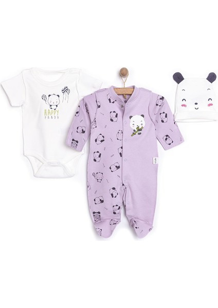 Yenidoğan Hello Panda Unisex Tulum-Body-Şapka Unisex