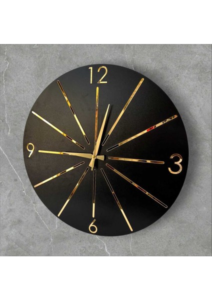 Siyah, gold ve gri aynalı çizgi desenli modern ahşap duvar saati 50cm