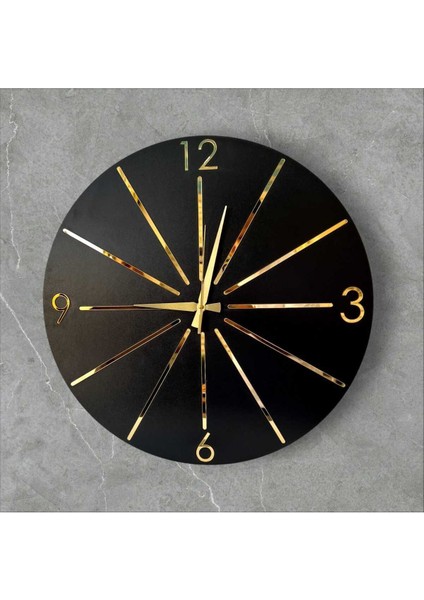 Siyah, gold ve gri aynalı çizgi desenli modern ahşap duvar saati 50cm fiyatları