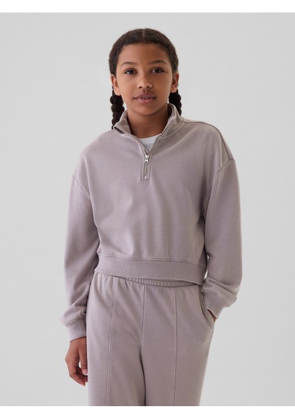 Kız Çocuk Lila Vintage Soft Yarım Fermuarlı Crop Pullover Sweatshirt