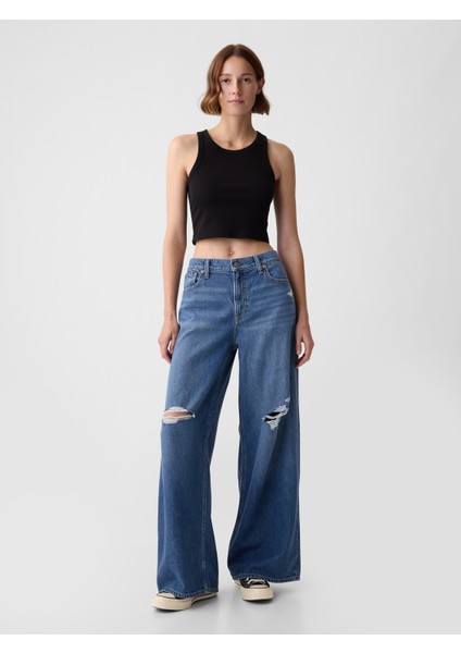 Kadın Koyu Mavi Mid Rise Ultrasoft Baggy Jean Pantolon