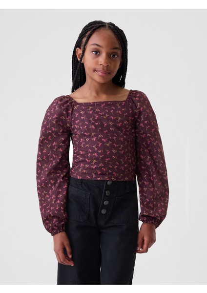 Kız Çocuk Kırmızı Desenli Balon Kol Crop T-Shirt
