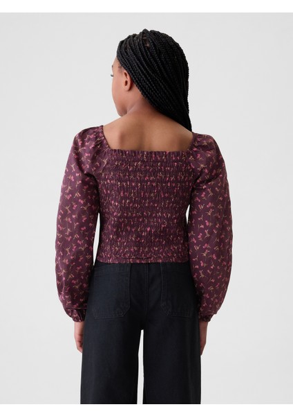 Kız Çocuk Kırmızı Desenli Balon Kol Crop T-Shirt indirimleri