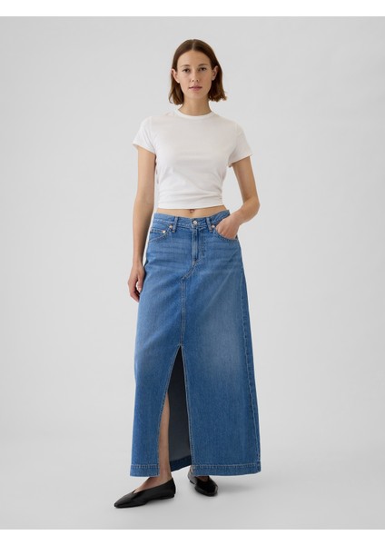 Kadın Mavi Ultrasoft Denim Midi Etek