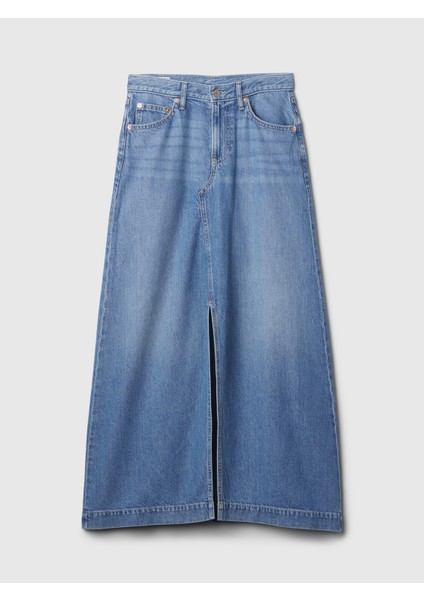 Kadın Mavi Ultrasoft Denim Midi Etek