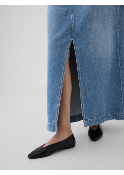 Kadın Mavi Ultrasoft Denim Midi Etek