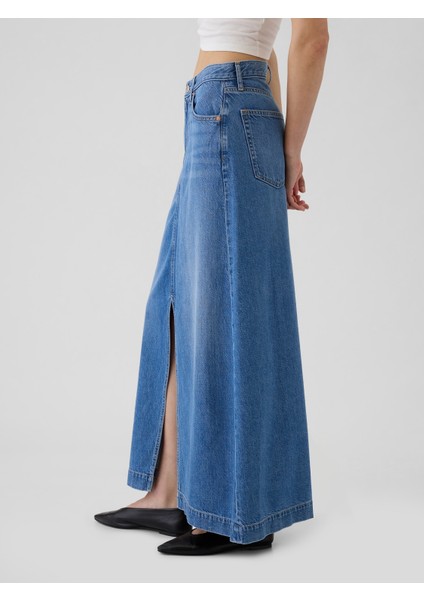 Kadın Mavi Ultrasoft Denim Midi Etek