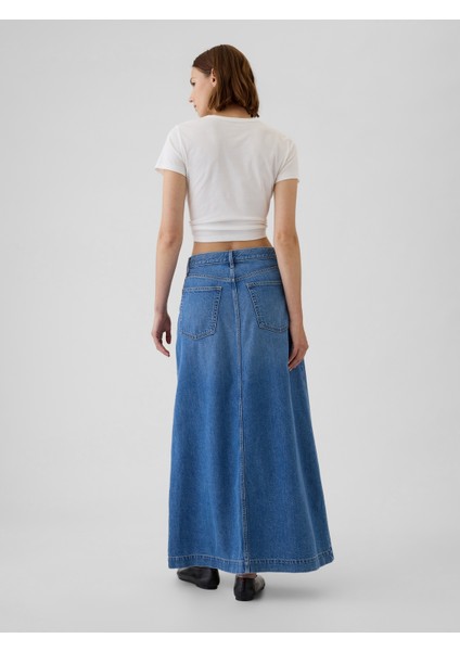 Kadın Mavi Ultrasoft Denim Midi Etek