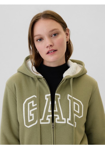 Kadın Haki Gap Logo Relaxed Sherpa Fermuarlı Sweatshirt