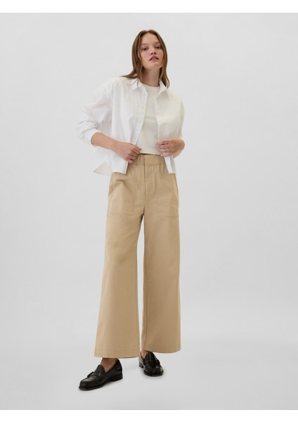 Kadın Bej Mid Rise Easy Wide-Leg Khaki Pantolon