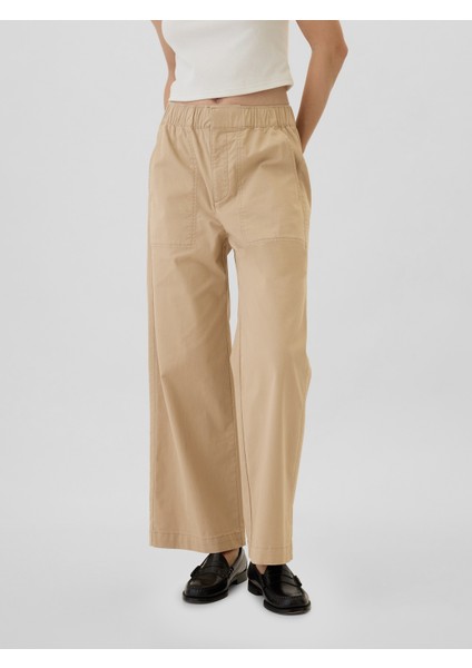 Kadın Bej Mid Rise Easy Wide-Leg Khaki Pantolon