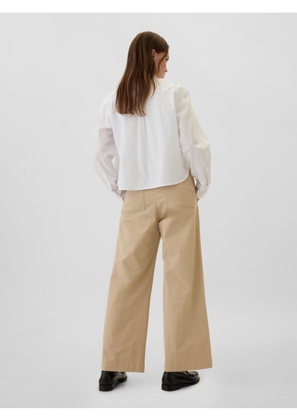 Kadın Bej Mid Rise Easy Wide-Leg Khaki Pantolon