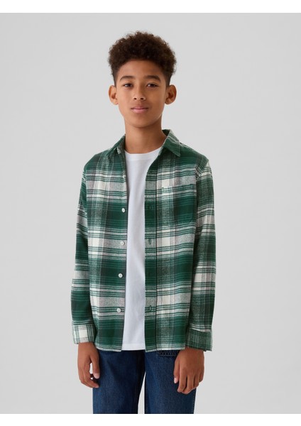 Erkek Çocuk Yeşil %100 Organik Pamuk Ekose Desenli Flannel Gömlek