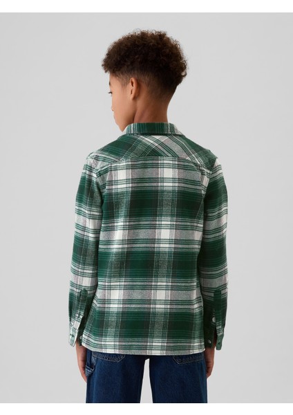 Erkek Çocuk Yeşil %100 Organik Pamuk Ekose Desenli Flannel Gömlek