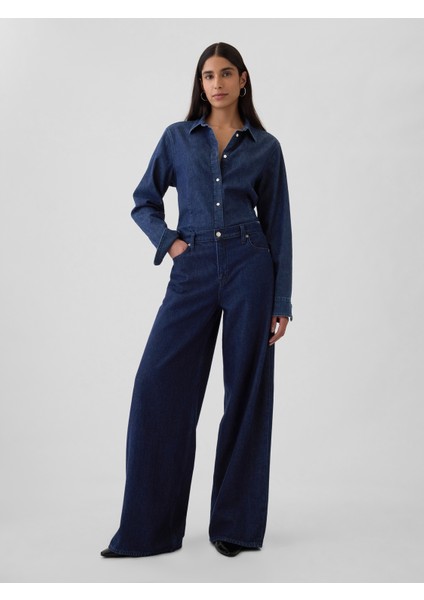 Kadın Lacivert Mid Rise Ultrasoft Baggy Jean Pantolon