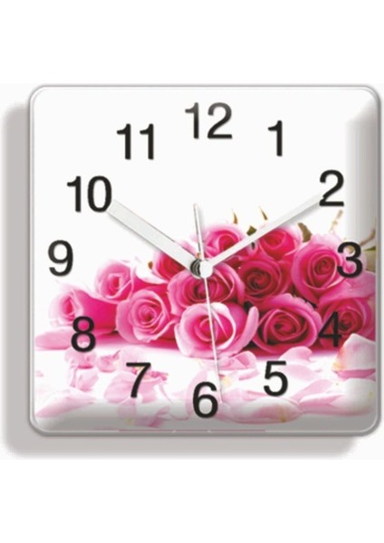 Renkli Gül Demeti Kare Bombe Camlı Mıknatıslı Saat, Doğa Temalı, 9,5x0,4x9,5 cm