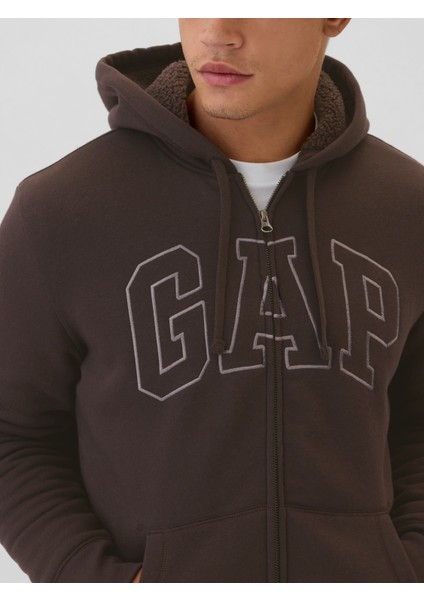 Erkek Kahverengi Gap Logo Fermuarlı Sherpa Sweatshirt