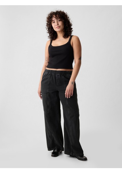 Kadın Siyah High Rise Utility Wide Leg Easy Jean Pantolon